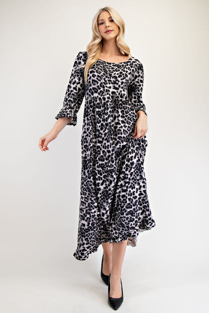 Celeste Full Size Leopard Round Neck Flounce Sleeve Dress