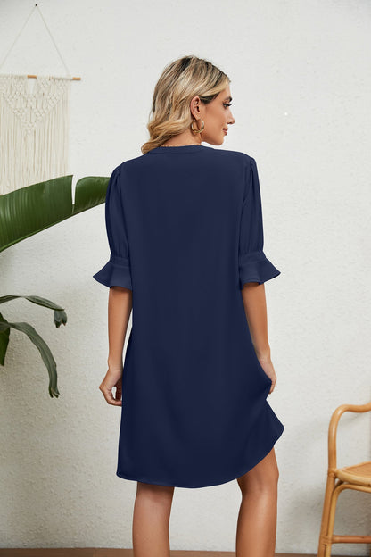 Notched Neck Flounce Sleeve Dress