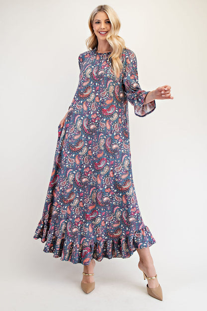 Celeste Full Size Ruffle Hem Paisley Round Neck Dress